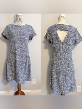 LOFT Tweed Textured Knit Dress Size 10 Blue White Fit & Flare Open Back